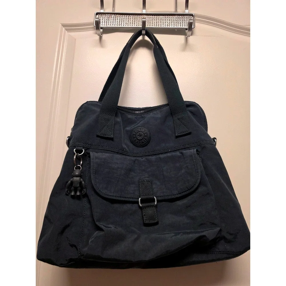 Kipling Defea Navy Blue Crinkle Nylon Handbag Satchel Monkey Keychain Messenger